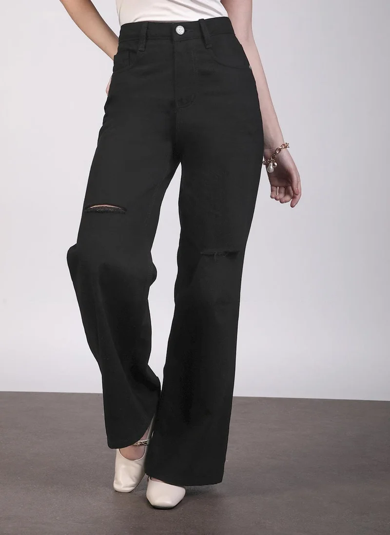 Urbano Fashion Women's Black Regular Fit Wide Leg Mild Distressed/Knee Slit Washed Jeans